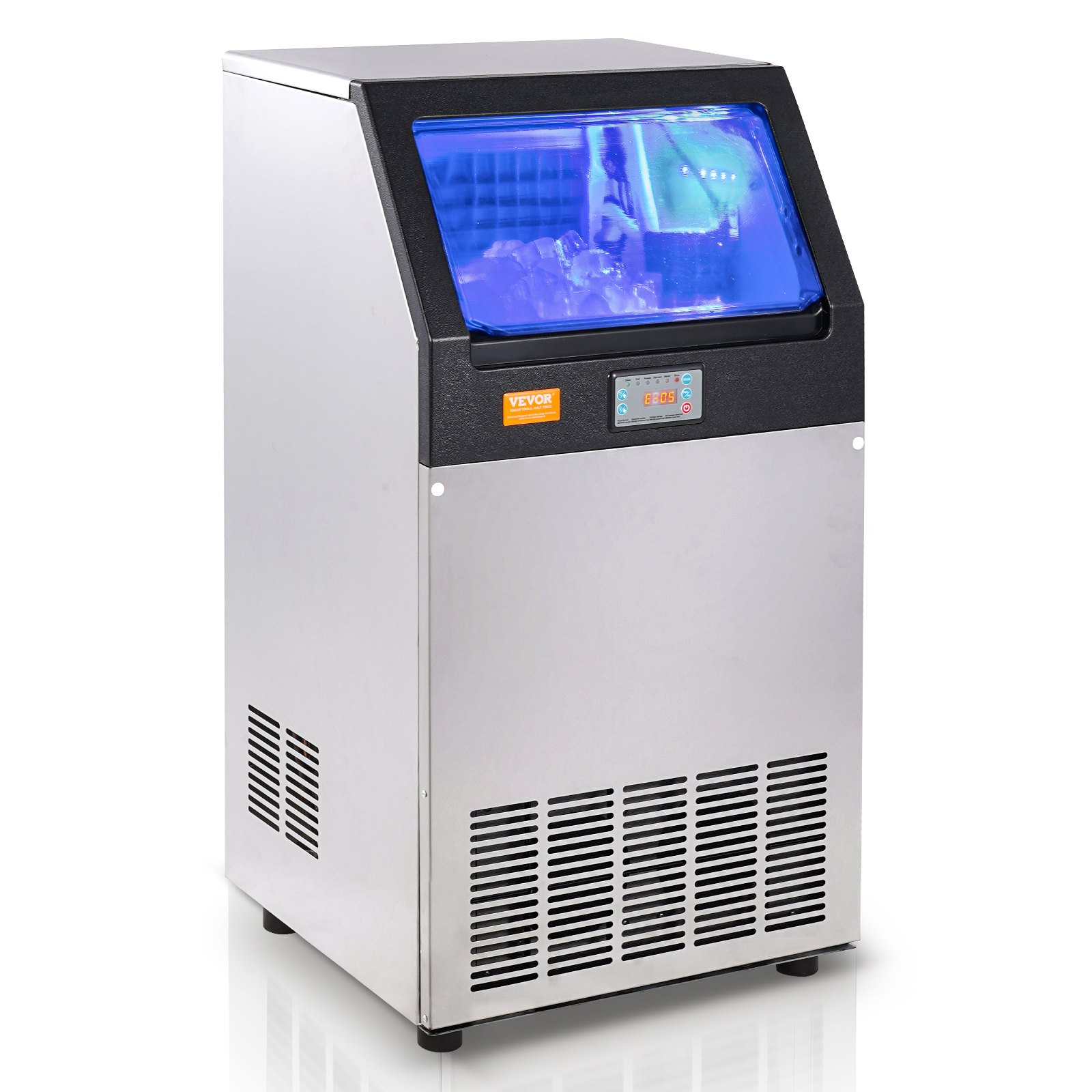 Máquina de hielo comercial VEVOR, 100 lb/24 h, 55 cubitos de hielo en 12-15 minutos, máquina de hielo de gabinete independiente con capacidad de almacenamiento de 33 lb y pantalla digital LED, para bar, hogar, oficina y restaurante.