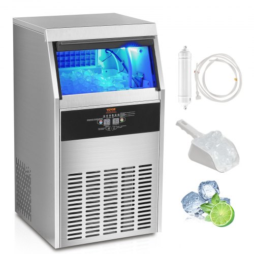 VEVOR Máquina para hacer hielo comercial, 100 libras/24 horas, máquina para hacer hielo, 50 cubitos de hielo en 12-15 minutos, máquina para hacer hielo con gabinete independiente con capacidad de almacenamiento de 33 libras, pantalla digital LED, para bar, hogar, oficina, restaurante