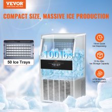 VEVOR Máquina para hacer hielo comercial, 100 libras/24 horas, máquina para hacer hielo, 50 cubitos de hielo en 12-15 minutos, máquina para hacer hielo con gabinete independiente con capacidad de almacenamiento de 33 libras, pantalla digital LED, para bar, hogar, oficina, restaurante