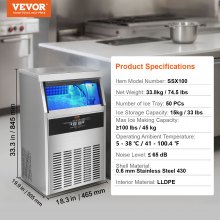 VEVOR Máquina para hacer hielo comercial, 100 libras/24 horas, máquina para hacer hielo, 50 cubitos de hielo en 12-15 minutos, máquina para hacer hielo con gabinete independiente con capacidad de almacenamiento de 33 libras, pantalla digital LED, para bar, hogar, oficina, restaurante