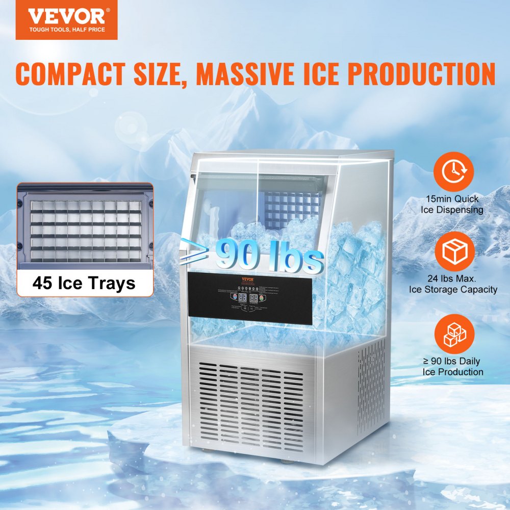 Máquina de hielo comercial VEVOR, 40 kg/24 h, 45 cubitos de hielo en 12-15 minutos, máquina de hielo de gabinete independiente con capacidad de almacenamiento de 11 kg y pantalla digital LED, para bar, hogar, oficina y restaurante.