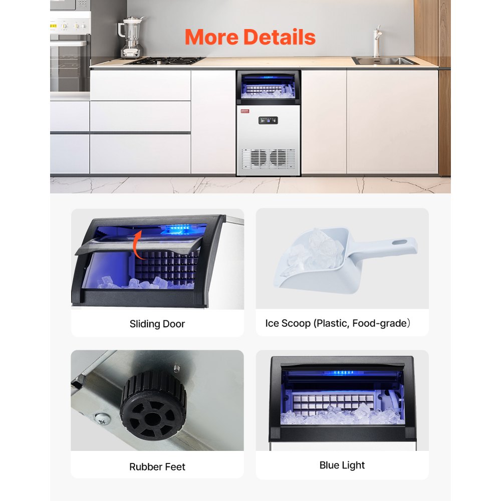 Máquina para fabricar hielo comercial VEVOR, 130 lb/24 h, capacidad de almacenamiento de 33 lb, 55 cubitos de hielo en 15 minutos, pantalla digital LED, autolimpiable, para bares, oficinas y restaurantes.