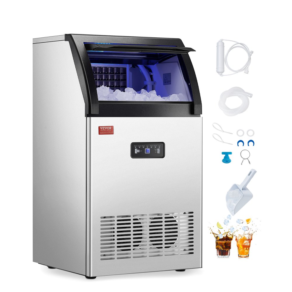 Máquina para fabricar hielo comercial VEVOR, 130 lb/24 h, capacidad de almacenamiento de 33 lb, 55 cubitos de hielo en 15 minutos, pantalla digital LED, autolimpiable, para bares, oficinas y restaurantes.