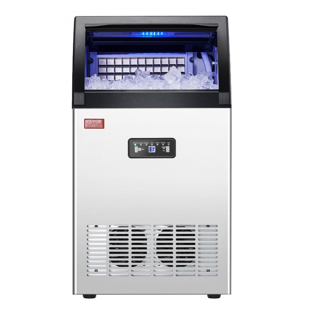 Máquina para fabricar hielo comercial VEVOR, 130 lb/24 h, capacidad de almacenamiento de 33 lb, 55 cubitos de hielo en 15 minutos, pantalla digital LED, autolimpiable, para bares, oficinas y restaurantes.