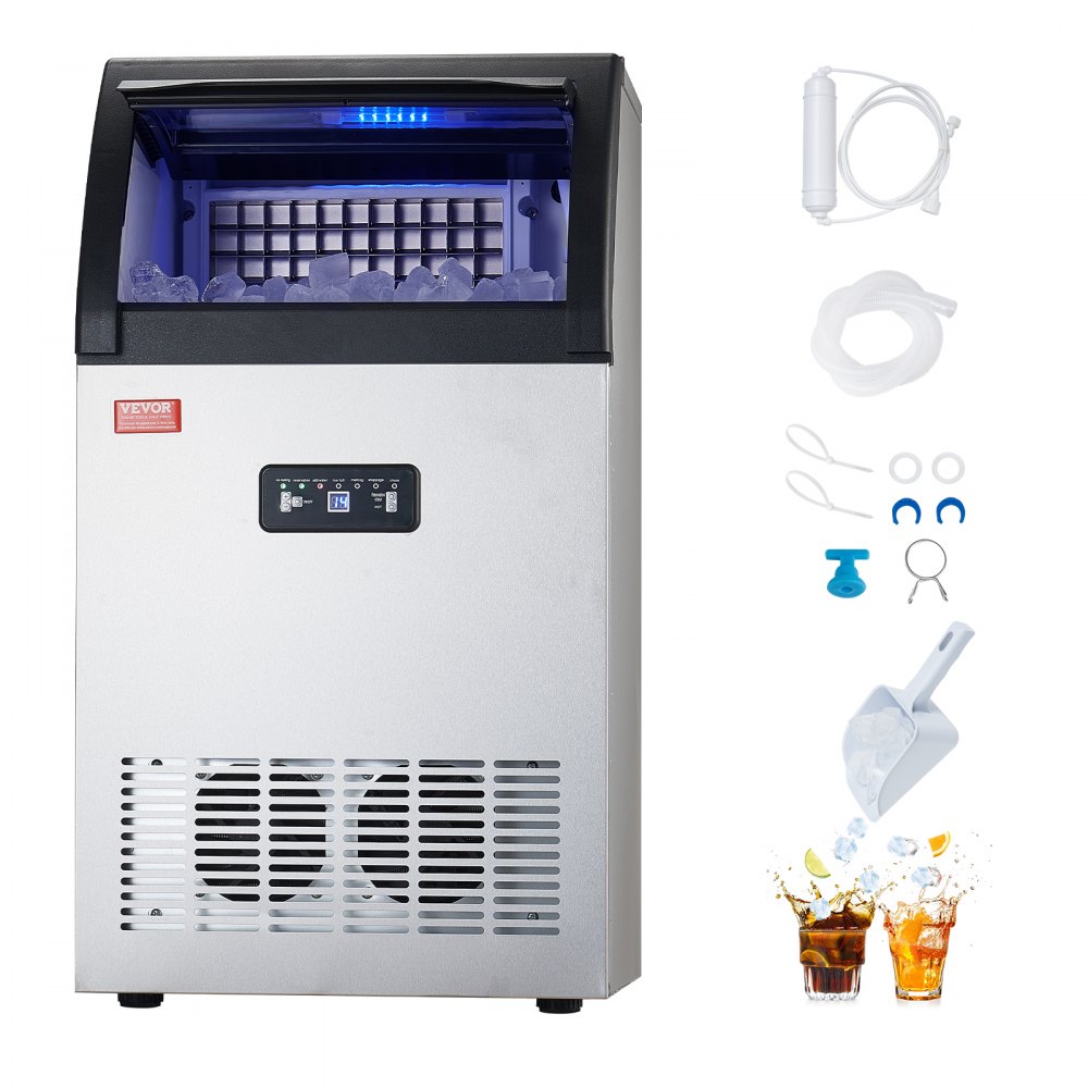 Máquina para fabricar hielo comercial VEVOR, 130 lb/24 h, capacidad de almacenamiento de 33 lb, 55 cubitos de hielo en 15 minutos, pantalla digital LED, autolimpiable, para bares, oficinas y restaurantes.