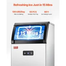 VEVOR Máquina para hacer hielo comercial, 130 libras/24 horas, máquina para hacer hielo, 55 cubitos de hielo en 12-15 minutos, máquina para hacer hielo con gabinete independiente con capacidad de almacenamiento de 24 libras, pantalla digital LED, para bar, hogar, oficina, restaurante