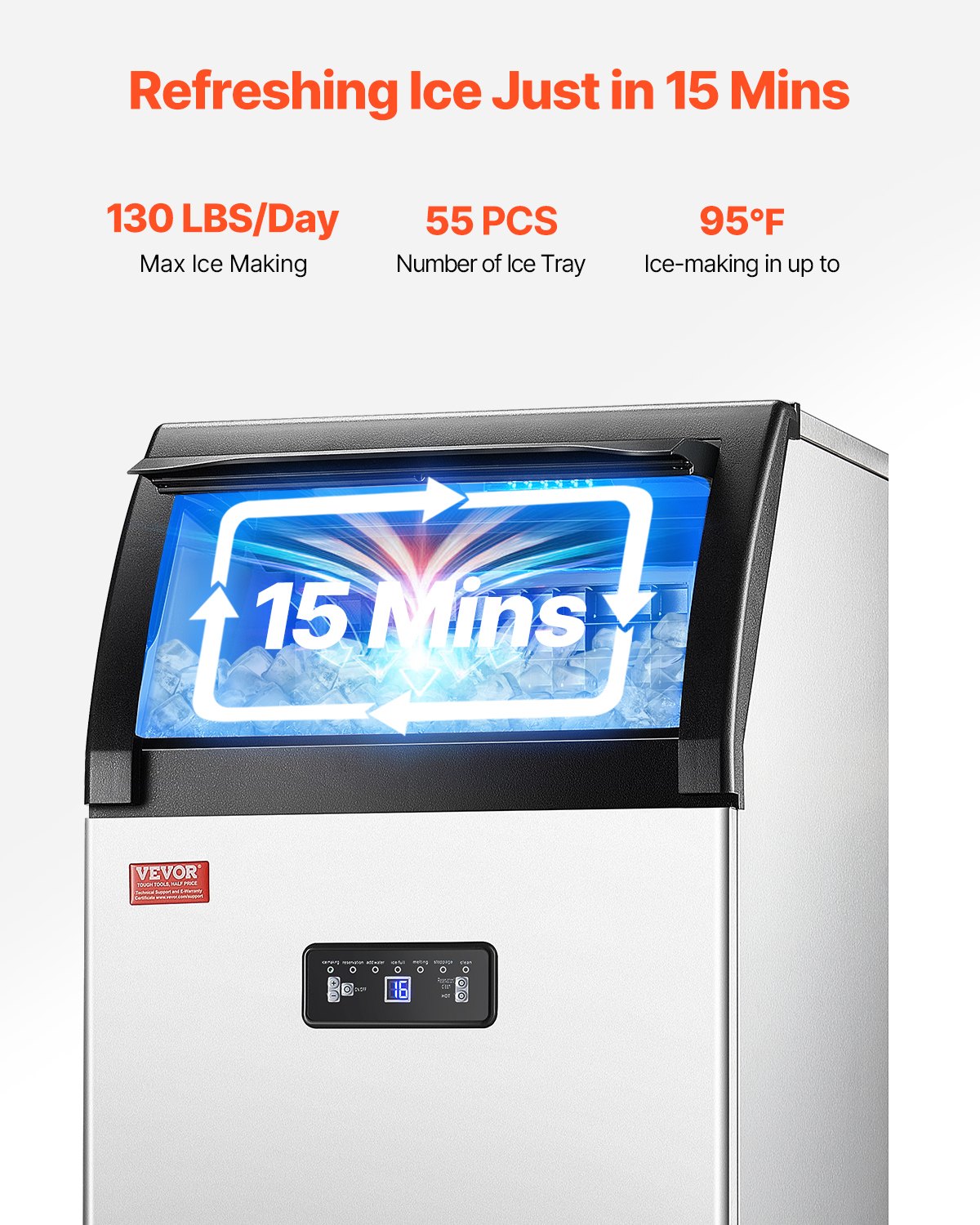 Máquina para fabricar hielo comercial VEVOR, 130 lb/24 h, capacidad de almacenamiento de 33 lb, 55 cubitos de hielo en 15 minutos, pantalla digital LED, autolimpiable, para bares, oficinas y restaurantes.
