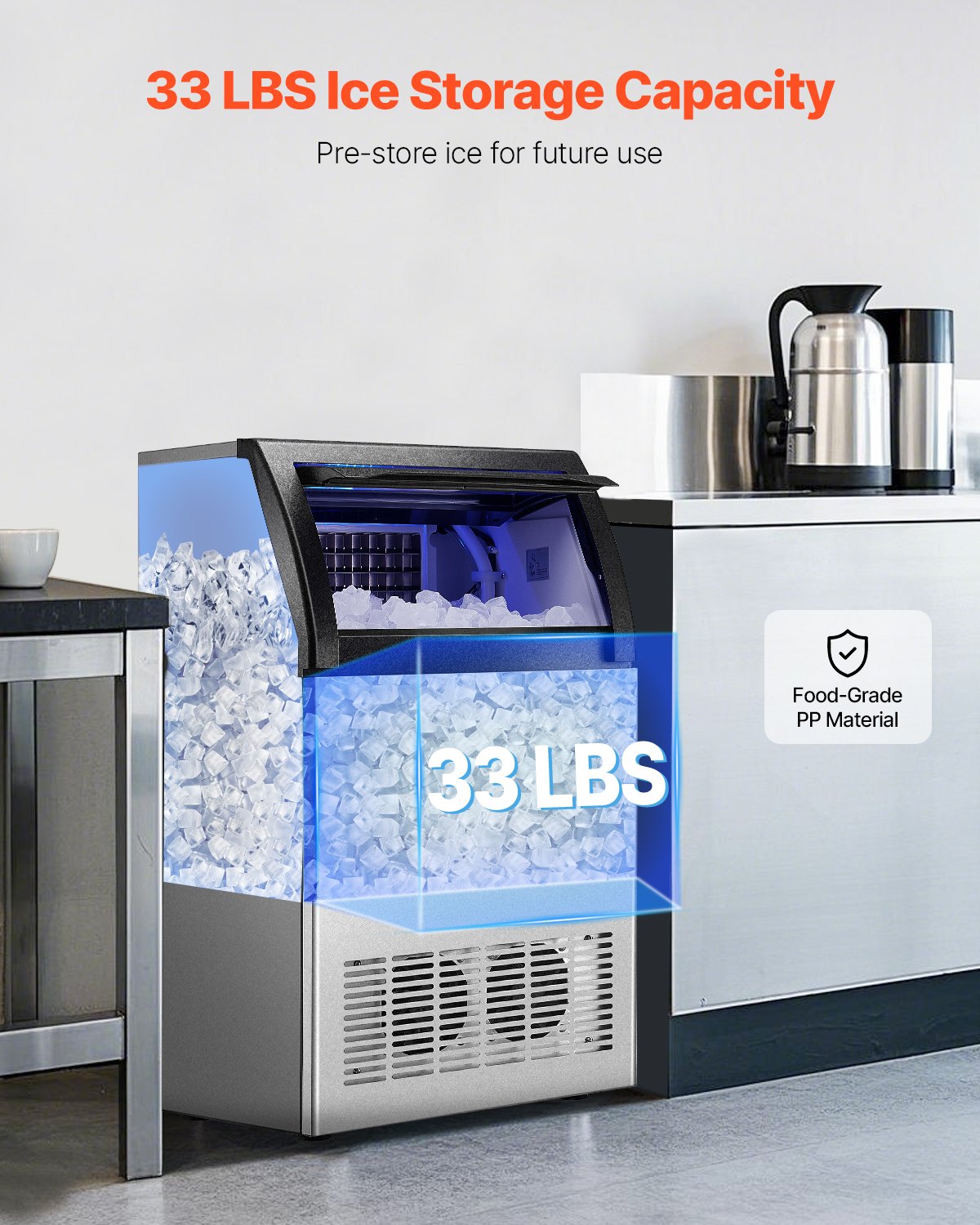 Máquina para fabricar hielo comercial VEVOR, 130 lb/24 h, capacidad de almacenamiento de 33 lb, 55 cubitos de hielo en 15 minutos, pantalla digital LED, autolimpiable, para bares, oficinas y restaurantes.