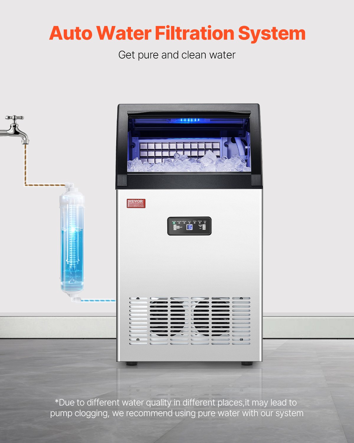 Máquina para fabricar hielo comercial VEVOR, 130 lb/24 h, capacidad de almacenamiento de 33 lb, 55 cubitos de hielo en 15 minutos, pantalla digital LED, autolimpiable, para bares, oficinas y restaurantes.