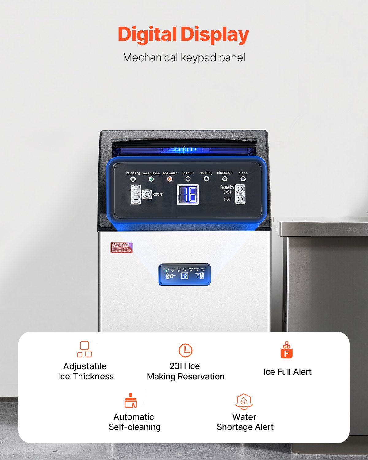 Máquina para fabricar hielo comercial VEVOR, 130 lb/24 h, capacidad de almacenamiento de 33 lb, 55 cubitos de hielo en 15 minutos, pantalla digital LED, autolimpiable, para bares, oficinas y restaurantes.