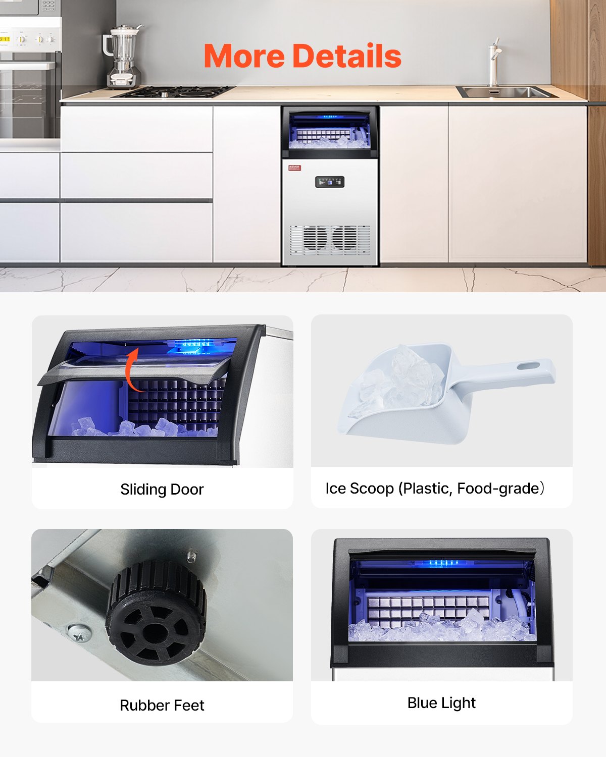 Máquina para fabricar hielo comercial VEVOR, 130 lb/24 h, capacidad de almacenamiento de 33 lb, 55 cubitos de hielo en 15 minutos, pantalla digital LED, autolimpiable, para bares, oficinas y restaurantes.