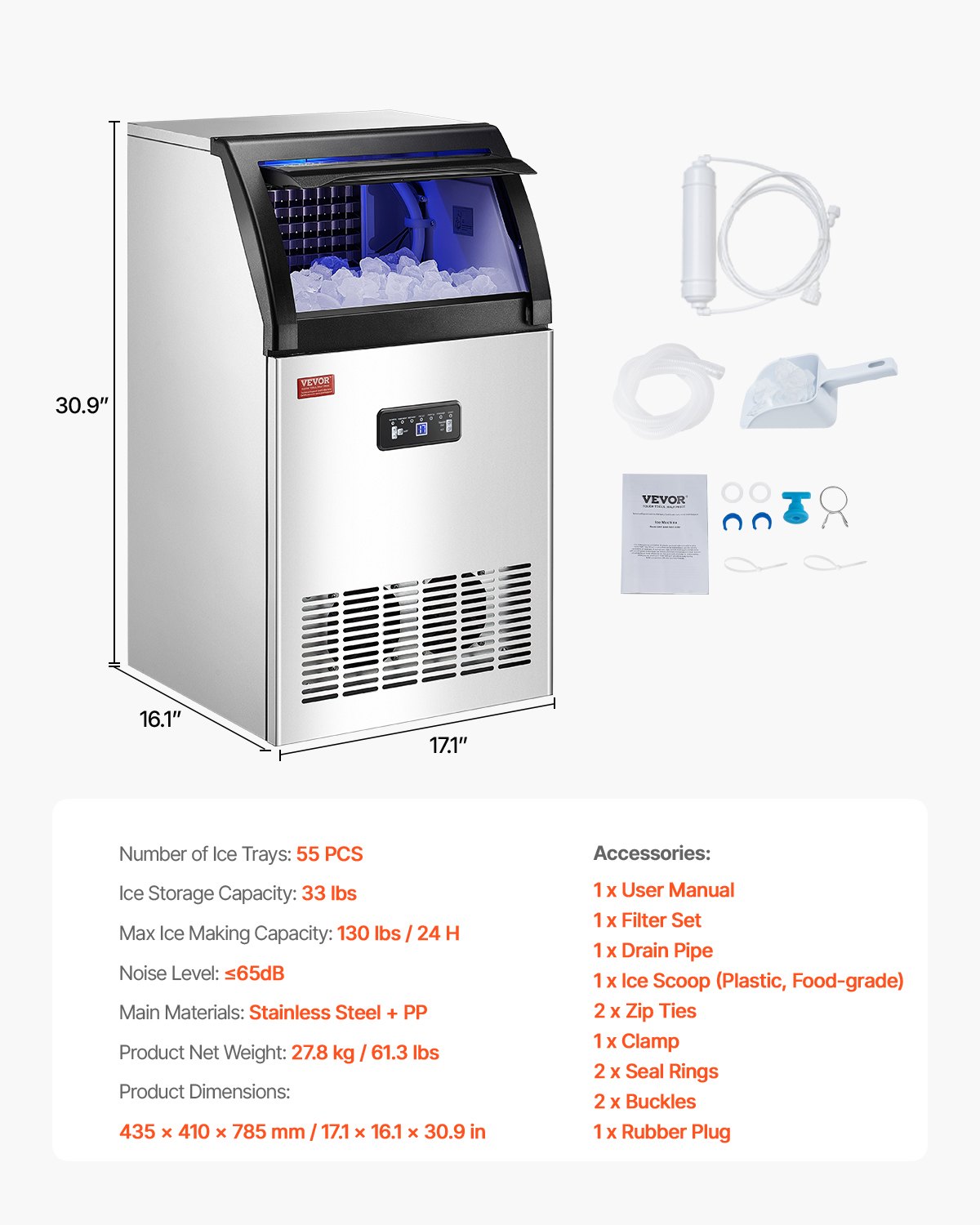 Máquina para fabricar hielo comercial VEVOR, 130 lb/24 h, capacidad de almacenamiento de 33 lb, 55 cubitos de hielo en 15 minutos, pantalla digital LED, autolimpiable, para bares, oficinas y restaurantes.