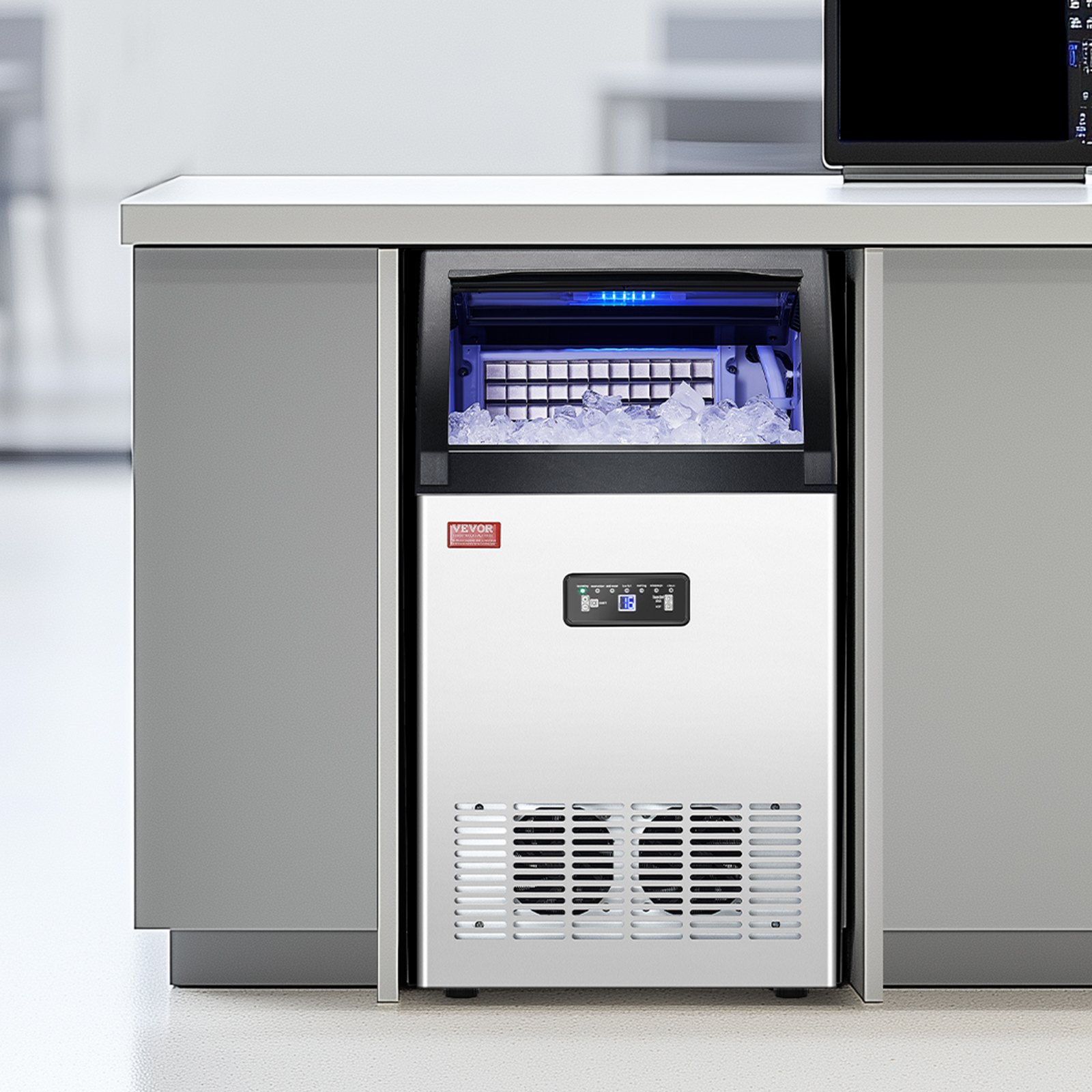 Máquina para fabricar hielo comercial VEVOR, 130 lb/24 h, capacidad de almacenamiento de 33 lb, 55 cubitos de hielo en 15 minutos, pantalla digital LED, autolimpiable, para bares, oficinas y restaurantes.