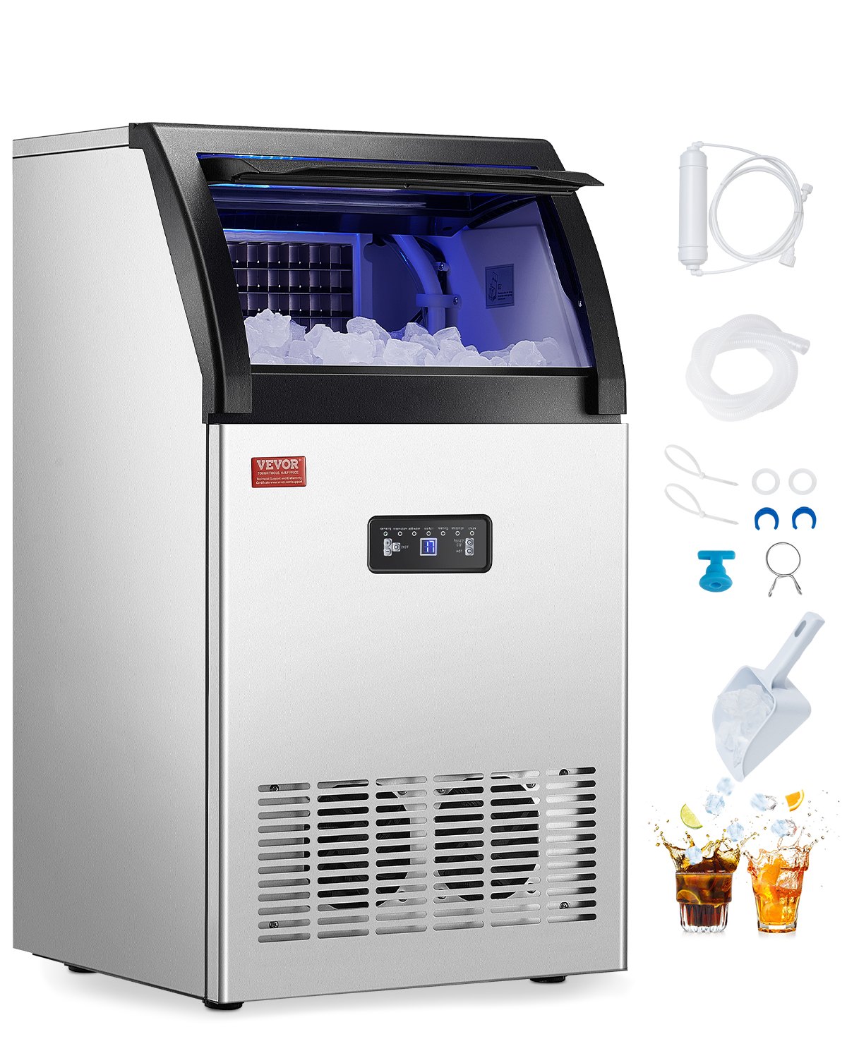 Máquina para fabricar hielo comercial VEVOR, 130 lb/24 h, capacidad de almacenamiento de 33 lb, 55 cubitos de hielo en 15 minutos, pantalla digital LED, autolimpiable, para bares, oficinas y restaurantes.