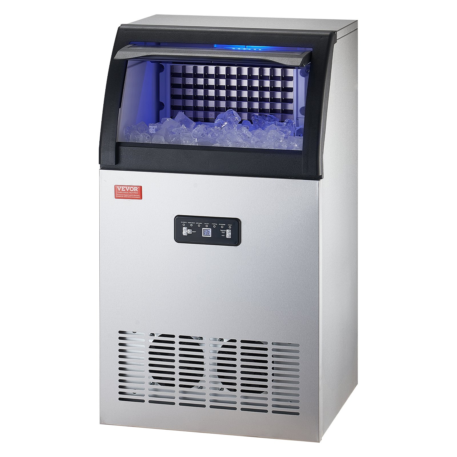 Máquina para fabricar hielo comercial VEVOR, 130 lb/24 h, capacidad de almacenamiento de 33 lb, 55 cubitos de hielo en 15 minutos, pantalla digital LED, autolimpiable, para bares, oficinas y restaurantes.