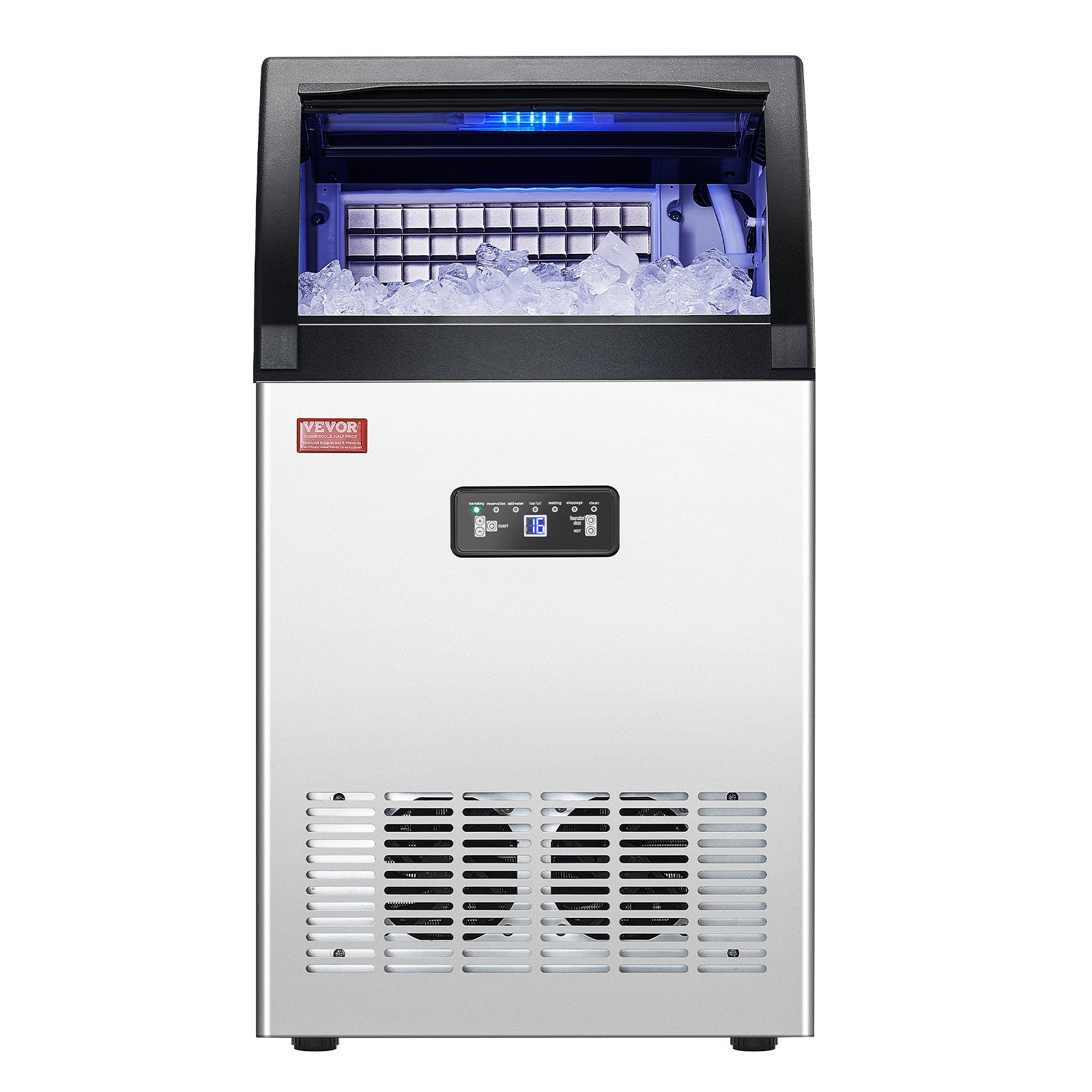 Máquina para fabricar hielo comercial VEVOR, 130 lb/24 h, capacidad de almacenamiento de 33 lb, 55 cubitos de hielo en 15 minutos, pantalla digital LED, autolimpiable, para bares, oficinas y restaurantes.