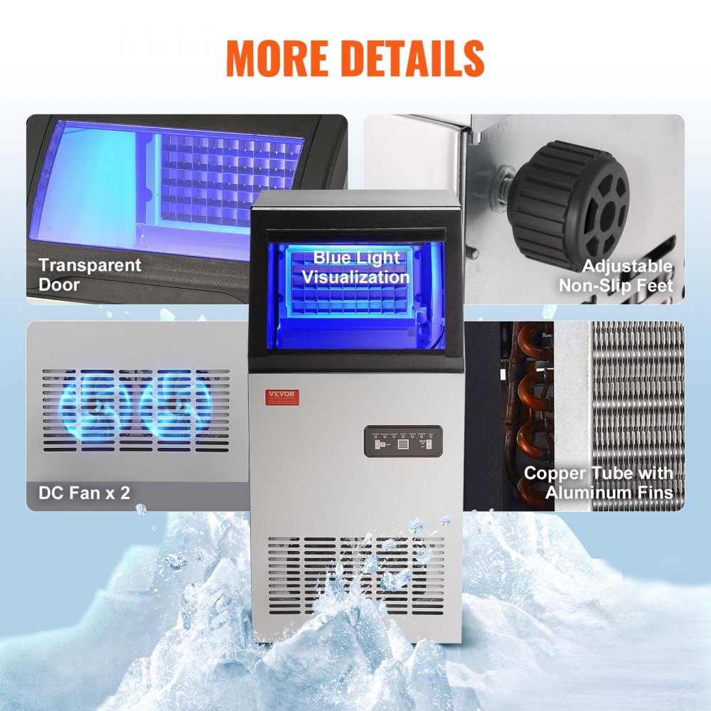 Detalles de la máquina de hielo comercial VEVOR: puerta transparente, luz azul, patas ajustables, ventiladores de CC duales, tubo de cobre.