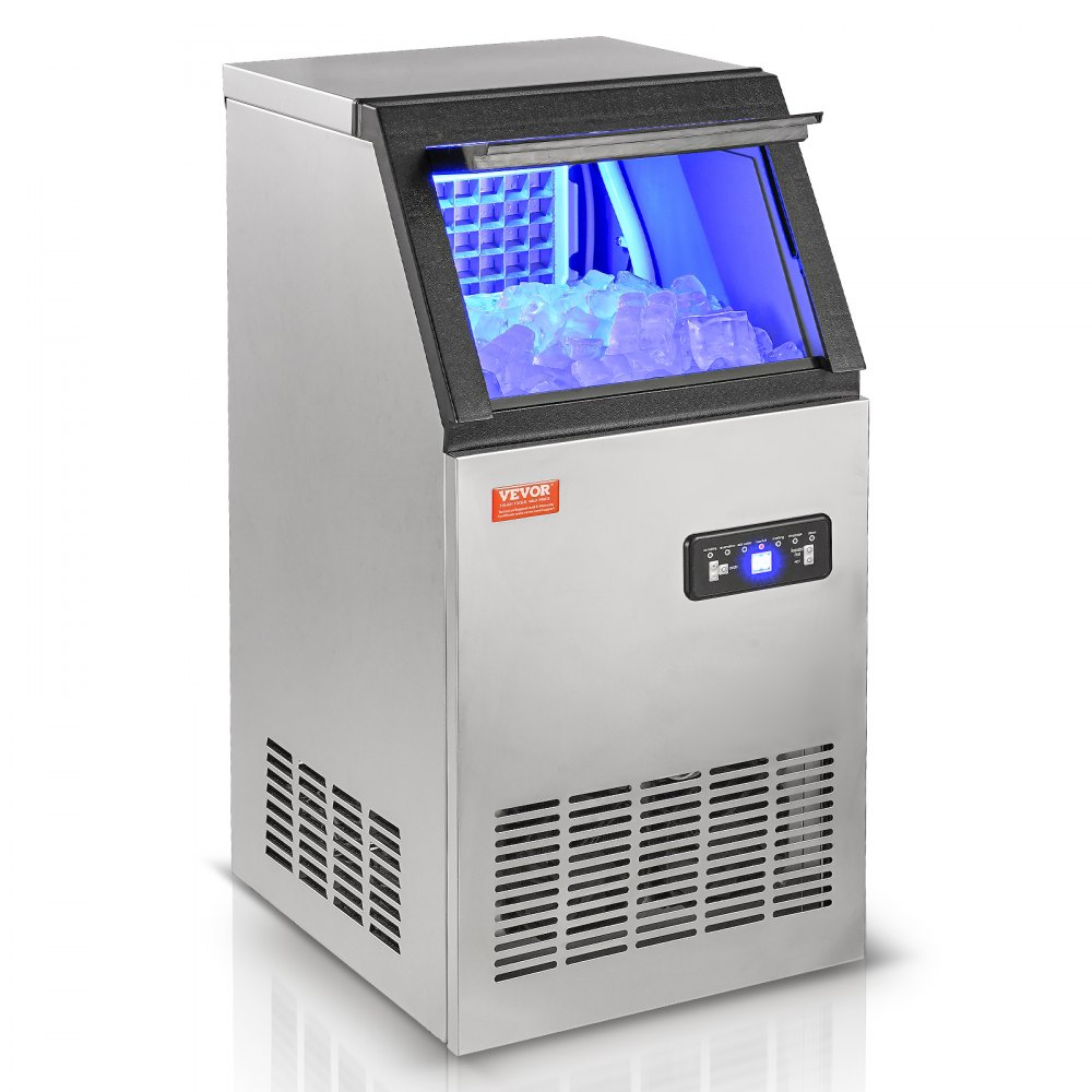 Máquina de hielo comercial VEVOR con cuerpo de acero inoxidable, panel de control digital y hielo visible en el interior.
