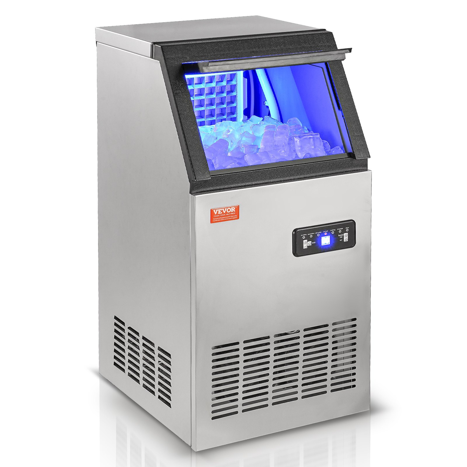 Máquina de hielo comercial VEVOR con cuerpo de acero inoxidable, panel de control digital y hielo visible en el interior.