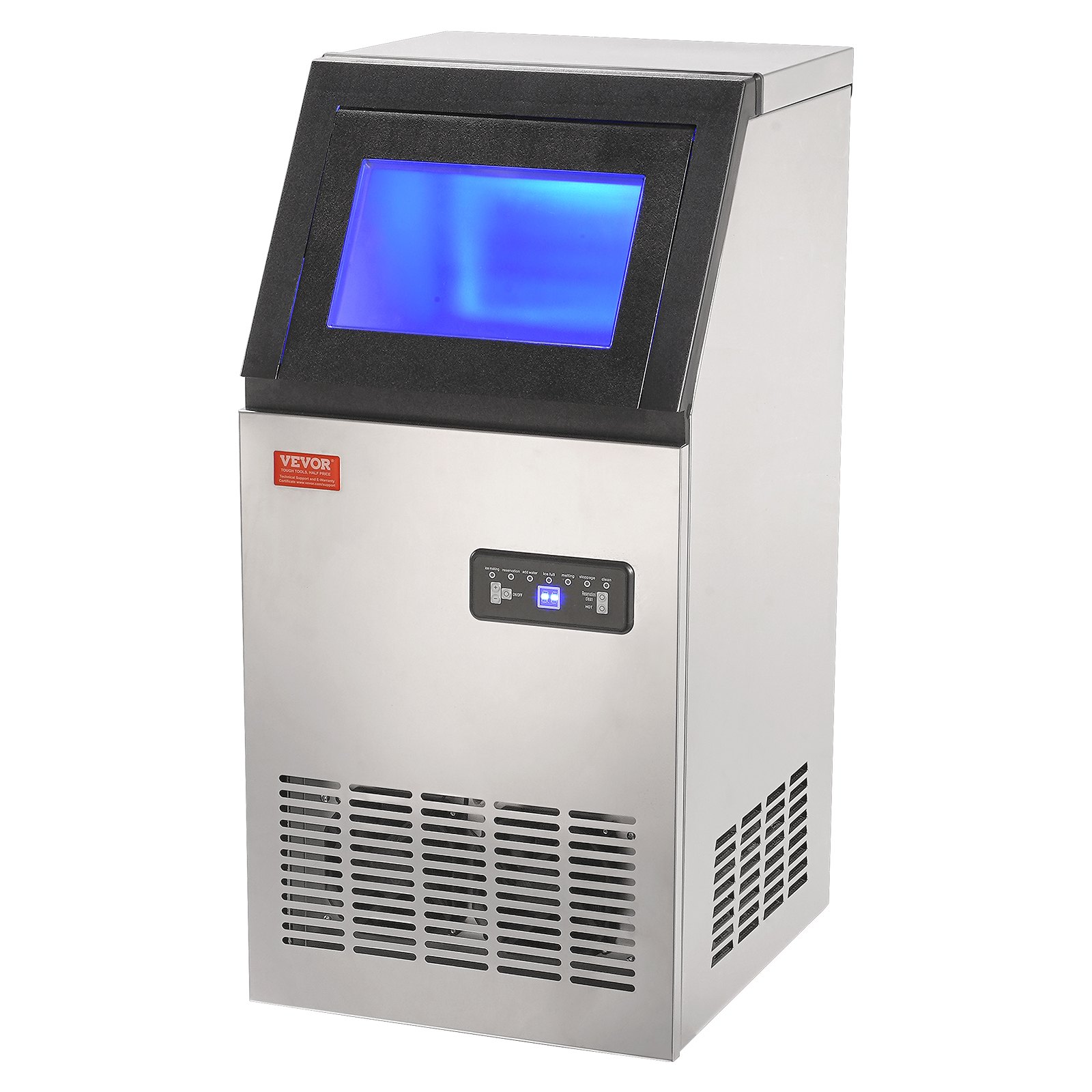 Máquina de hielo comercial VEVOR con ventana iluminada en azul y panel de control en cuerpo de acero inoxidable.