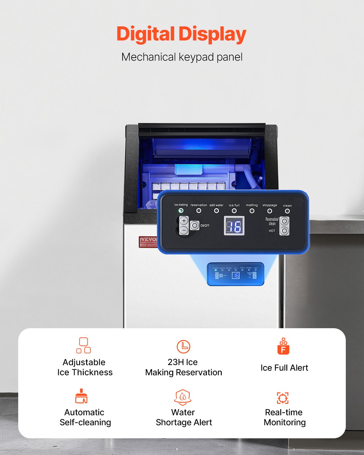 Máquina de hielo comercial VEVOR, 80 lb/24 h, 40 cubitos de hielo en 12-15 minutos, máquina de hielo de gabinete independiente con capacidad de almacenamiento de 27.5 lb, pantalla digital LED, para bar, hogar, oficina, restaurante