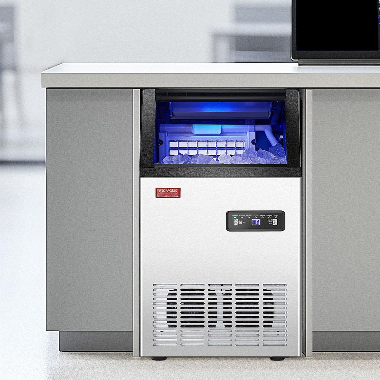 Máquina de hielo comercial VEVOR, 80 lb/24 h, 40 cubitos de hielo en 12-15 minutos, máquina de hielo de gabinete independiente con capacidad de almacenamiento de 27.5 lb, pantalla digital LED, para bar, hogar, oficina, restaurante