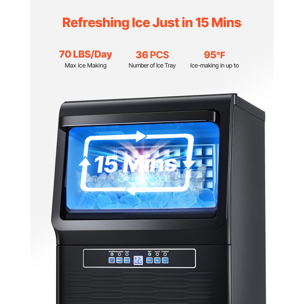 Máquina para fabricar hielo comercial VEVOR, 31 kg/24 h, capacidad de almacenamiento de 5,4 kg, 36 cubitos de hielo en 15 minutos, pantalla digital LED, autolimpiable, para bares, oficinas y restaurantes.