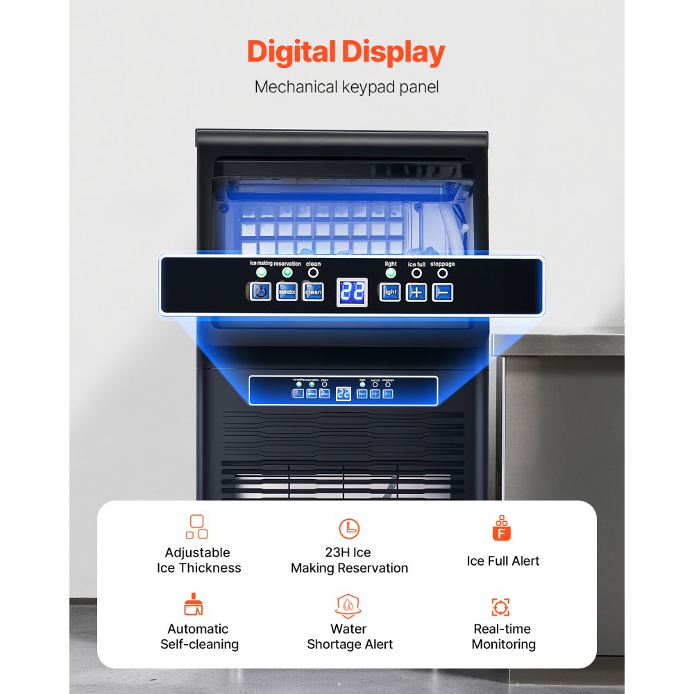 Máquina para fabricar hielo comercial VEVOR, 31 kg/24 h, capacidad de almacenamiento de 5,4 kg, 36 cubitos de hielo en 15 minutos, pantalla digital LED, autolimpiable, para bares, oficinas y restaurantes.