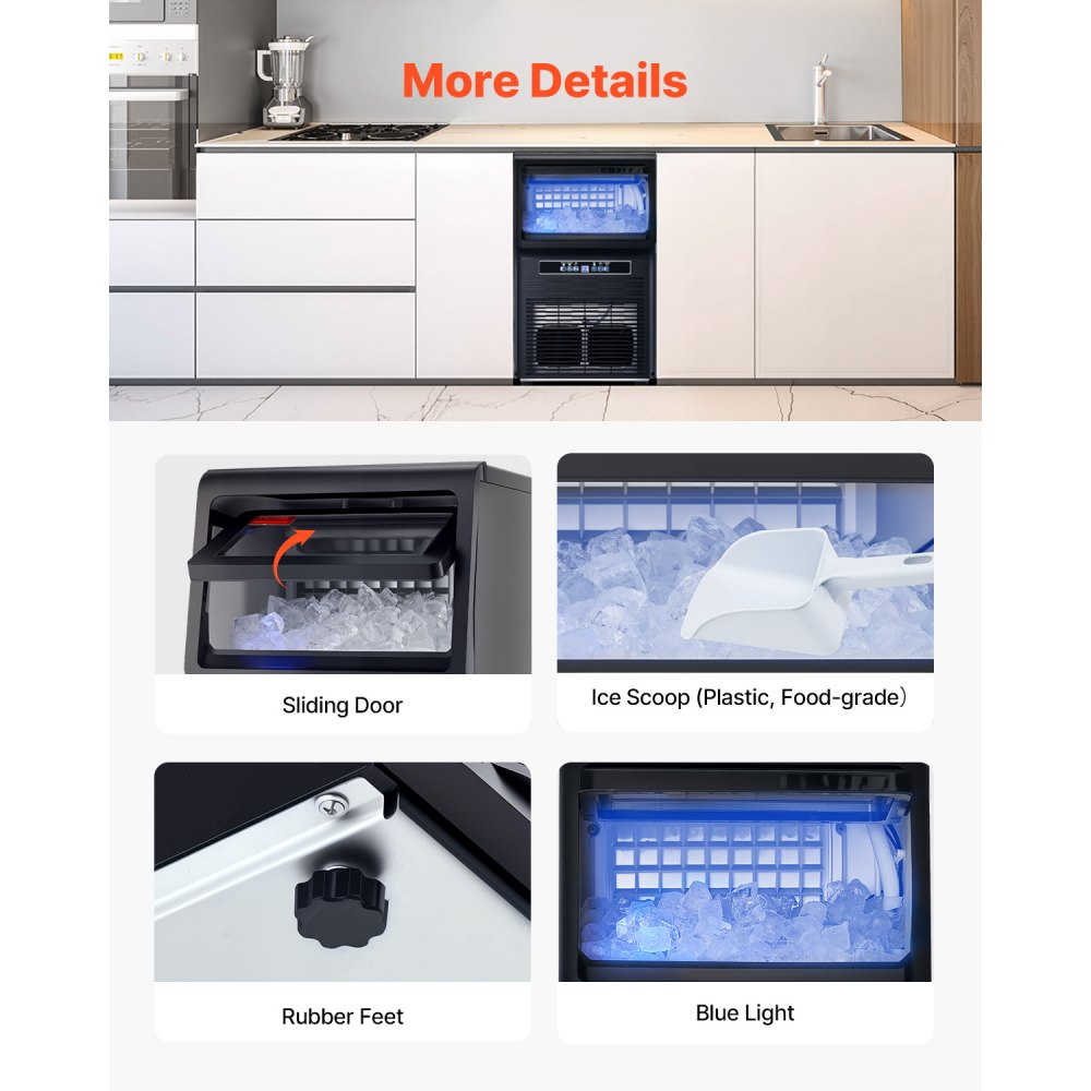 Máquina para fabricar hielo comercial VEVOR, 31 kg/24 h, capacidad de almacenamiento de 5,4 kg, 36 cubitos de hielo en 15 minutos, pantalla digital LED, autolimpiable, para bares, oficinas y restaurantes.