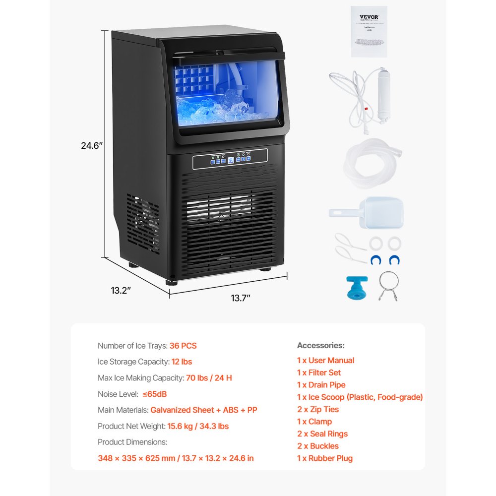Máquina para fabricar hielo comercial VEVOR, 31 kg/24 h, capacidad de almacenamiento de 5,4 kg, 36 cubitos de hielo en 15 minutos, pantalla digital LED, autolimpiable, para bares, oficinas y restaurantes.