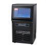 Máquina de hielo comercial VEVOR negra con pantalla digital y cubitos de hielo visibles en el compartimento de almacenamiento.