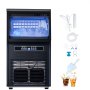 Máquina de hielo comercial VEVOR con interior iluminado y panel de control que muestra cubitos de hielo.