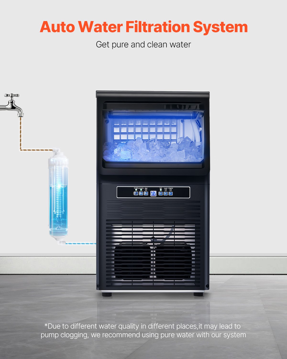 Sistema automático de filtración de agua para máquina de hielo comercial VEVOR con fuente de agua pura mejorada.