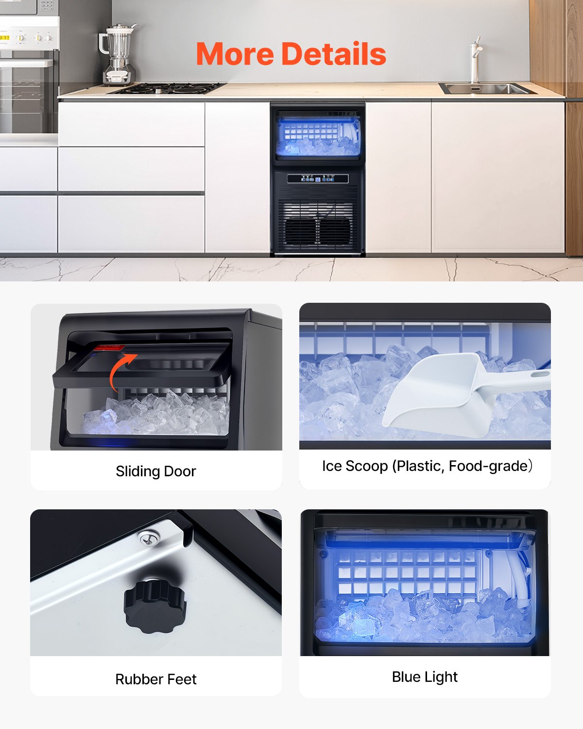 Máquina de hielo comercial VEVOR con puerta transparente, visualización de luz azul y patas antideslizantes ajustables.
