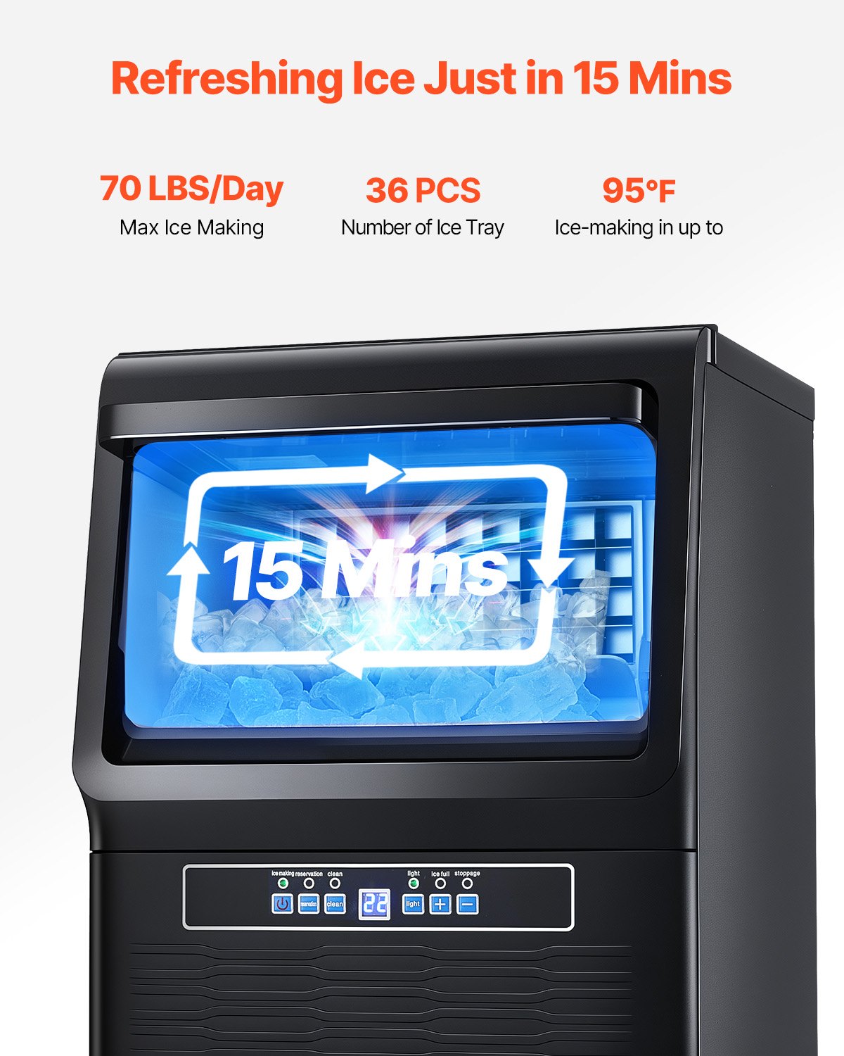 Máquina para fabricar hielo comercial VEVOR, 31 kg/24 h, capacidad de almacenamiento de 5,4 kg, 36 cubitos de hielo en 15 minutos, pantalla digital LED, autolimpiable, para bares, oficinas y restaurantes.