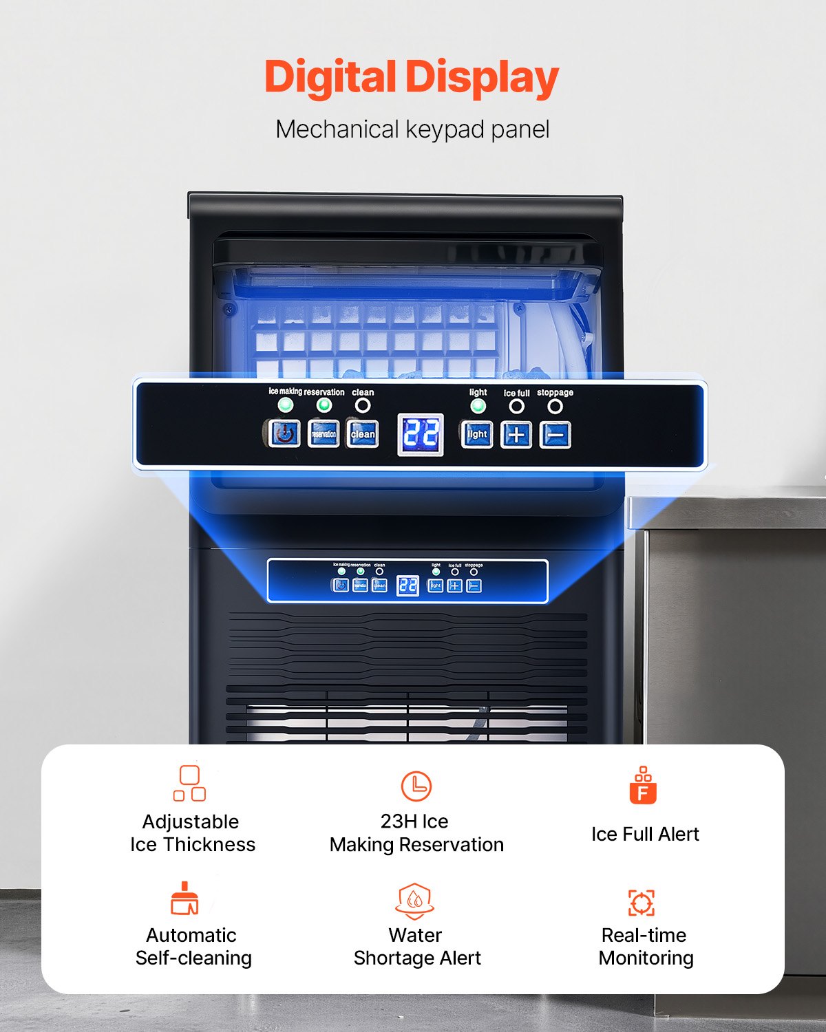 Máquina para fabricar hielo comercial VEVOR, 31 kg/24 h, capacidad de almacenamiento de 5,4 kg, 36 cubitos de hielo en 15 minutos, pantalla digital LED, autolimpiable, para bares, oficinas y restaurantes.