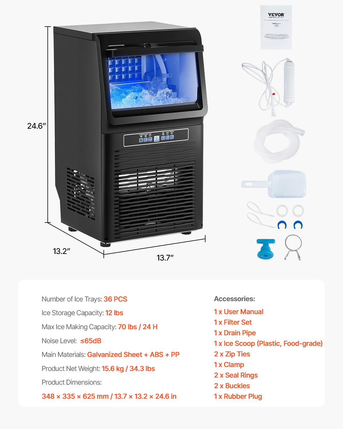 Máquina para fabricar hielo comercial VEVOR, 31 kg/24 h, capacidad de almacenamiento de 5,4 kg, 36 cubitos de hielo en 15 minutos, pantalla digital LED, autolimpiable, para bares, oficinas y restaurantes.