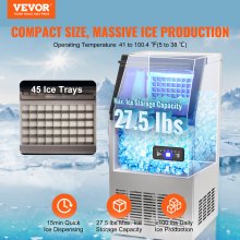 VEVOR Máquina para hacer hielo comercial, 100 lbs/24H, máquina para hacer hielo, 45 cubitos de hielo en 12-15 minutos, máquina para hacer hielo con gabinete independiente con capacidad de almacenamiento de 27.5 lbs, pantalla digital LED, para restaurante en casa