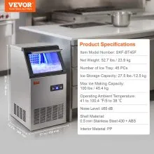 VEVOR Máquina para hacer hielo comercial, 100 lbs/24H, máquina para hacer hielo, 45 cubitos de hielo en 12-15 minutos, máquina para hacer hielo con gabinete independiente con capacidad de almacenamiento de 27.5 lbs, pantalla digital LED, para restaurante en casa