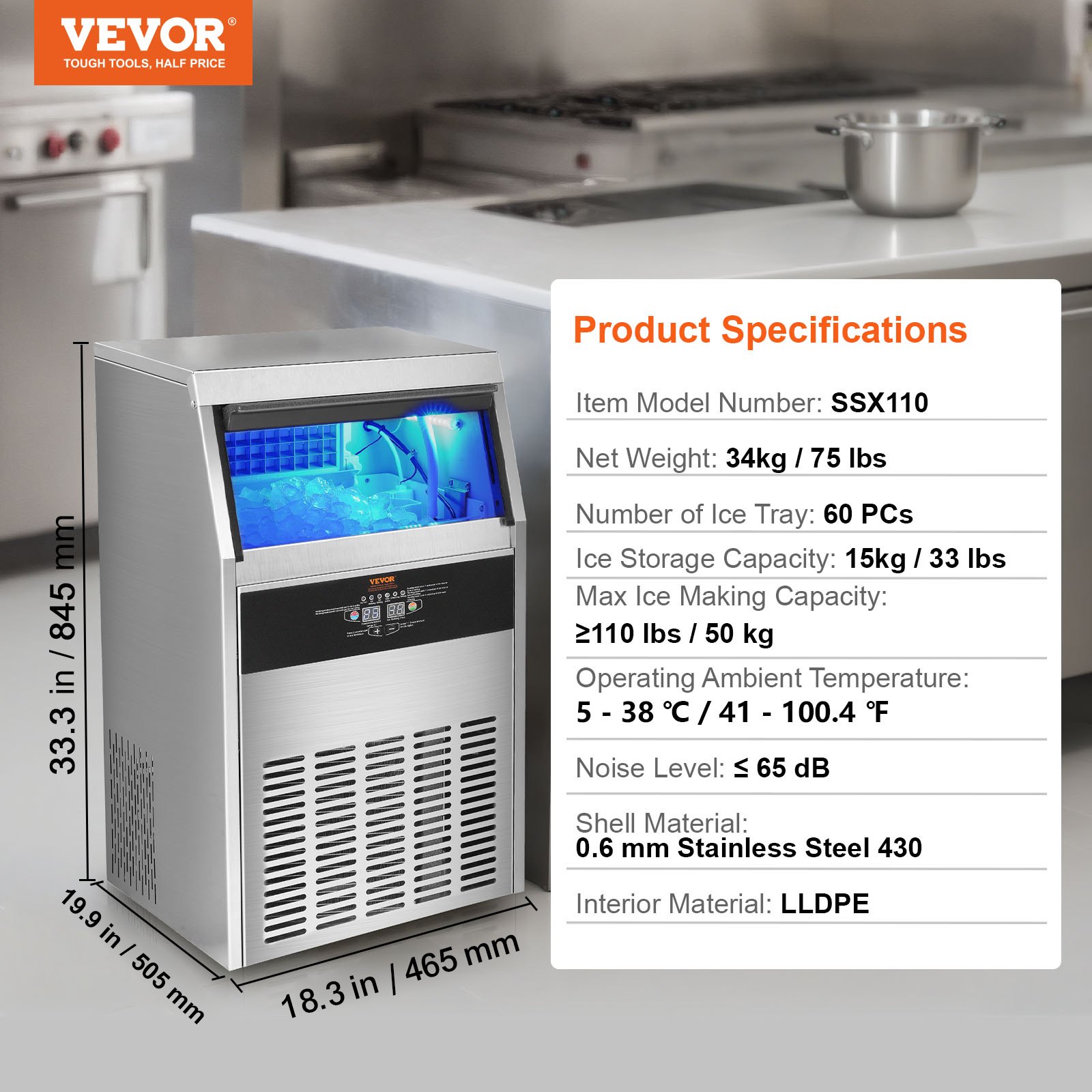 Máquina de hielo comercial VEVOR ssx110 en acero inoxidable con pantalla digital y especificaciones detalladas.