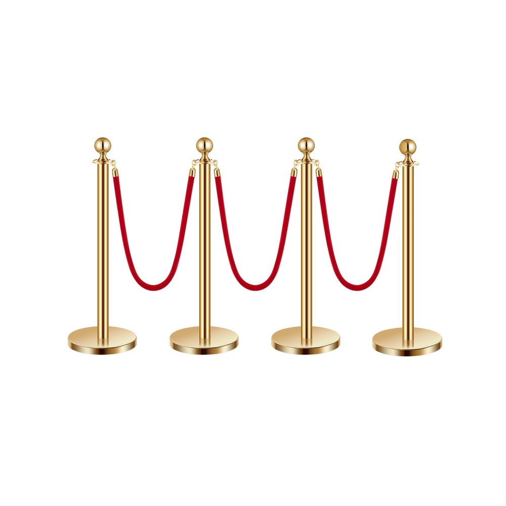 VEVOR 4 PCS Poste de Estaca de Acero Inoxidable de 1,5 m con Base Hueca de Inyección de Arena y 3 Cuerdas de Terciopelo Rojo, Barreras de Control de Multitudes para Teatro, Fiesta, Boda, Dorado