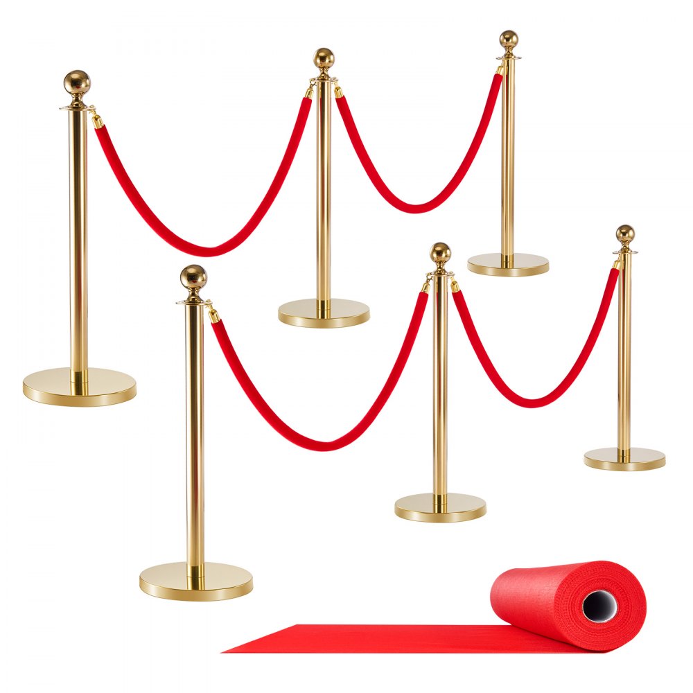 VEVOR Poste Guía de Barrera 6 Piezas con 4 Cuerdas de Terciopelo Rojas, Barrera de Marcado de Control de Multitudes con Base, para Cola de Separación de Demarcación en Teatro Hotel Exposición, Dorado
