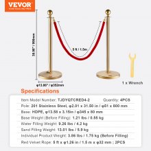 VEVOR Poste de poste con cuerda de terciopelo, paquete de 4 postes de control de multitudes con 2 cuerdas de terciopelo rojo de 5 pies, divisor de línea de barrera de cola de acero inoxidable con base rellenable y parte superior de bola para fiesta de museo de bodas