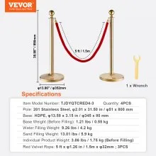 VEVOR Poste de poste con cuerda de terciopelo, paquete de 4 postes de control de multitudes con 3 cuerdas de terciopelo rojo de 5 pies, divisor de línea de barrera de cola de acero inoxidable con base rellenable y parte superior de bola para fiesta de museo de bodas
