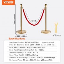 VEVOR Poste de poste con cuerda de terciopelo, paquete de 6 postes de control de multitudes con 4 cuerdas de terciopelo rojo de 5 pies, divisor de línea de barrera de cola de acero inoxidable con base rellenable y parte superior de bola para fiesta de museo de bodas