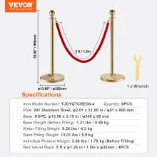 VEVOR Poste de poste con cuerda de terciopelo, paquete de 6 postes de control de multitudes con 4 cuerdas de terciopelo rojo de 5 pies, divisor de línea de barrera de cola de acero inoxidable con base rellenable y parte superior de bola para fiesta de museo de bodas