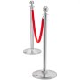 Poste de control de multitudes VEVOR con cuerda de terciopelo, paquete de 4 postes con 2 cuerdas de terciopelo rojo de 1,5 m, divisor de línea de barrera de cola de acero inoxidable con base de plástico rellenable y parte superior esférica para bodas y museos.