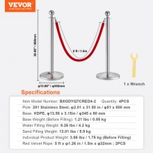 VEVOR Poste de poste con cuerda de terciopelo, paquete de 4 postes de control de multitudes con 2 cuerdas de terciopelo rojo de 5 pies, divisor de línea de barrera de cola de acero inoxidable con base de plástico rellenable, parte superior de bola para museo de bodas