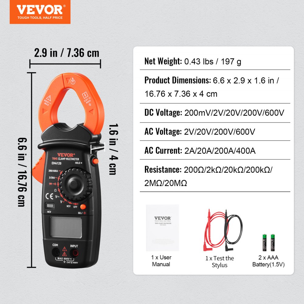 Medidor de abrazadera digital VEVOR Multímetro True RMS AC DC Volt Amp NCV Medición