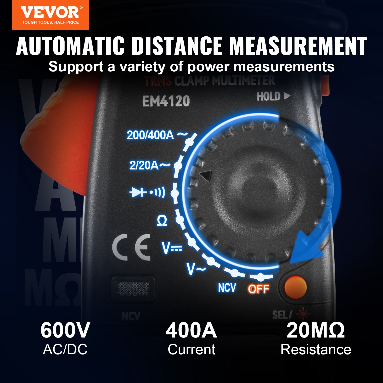 Medidor de abrazadera digital VEVOR Multímetro True RMS AC DC Volt Amp NCV Medición